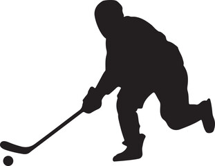 Silhouette of a hockey player in action with stick and puck.

A black silhouette of a hockey player in a dynamic pose, stick raised, with a puck at their feet on a white background.
