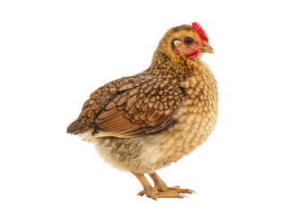 Isolated brown chicken stands on its feet to attract attention from the audience