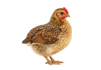 Isolated brown chicken stands on its feet to attract attention from the audience