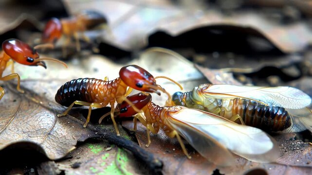 Ground level view of termites and insects on leaves