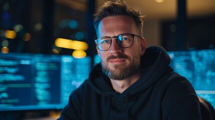 Professional cybersecurity expert analyzing digital data screens, showcasing modern technology workspace with intense blue-toned lighting and complex information displays