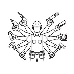 Multitasking construction worker with many tools and arms