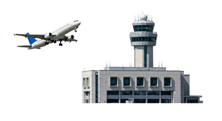Isolated airport control tower with passenger plane taking off over building, daytime view