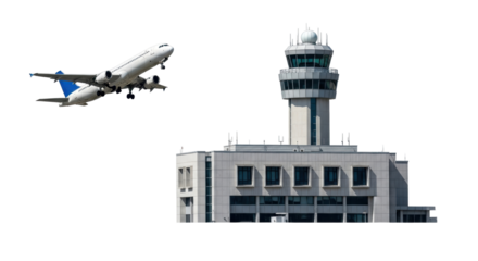 Isolated airport control tower with passenger plane taking off over building, daytime view
