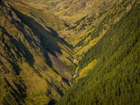 Aerial view of a deep, shadowed valley carved by a winding river, flanked by sun-drenched slopes and dense forests, Dartlo, Kakheti, Georgia.