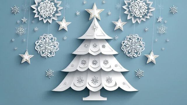 Stylized white paper Christmas tree with hanging snowflakes and stars on a blue background - Powered by Adobe