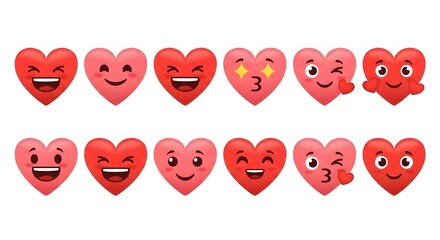 Set of twelve red and pink heart emojis with various cute facial expressions, including happy, winking, and kiss faces. Great for love, romance, Valentine's Day, communication, and social media themes