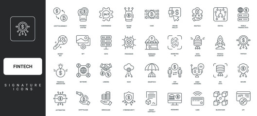 Financial innovation for payment, data access and storage, cybersecurity thin black and red outline symbols vector illustration FinTech, online banking system and lending, robo advisors line icon set.