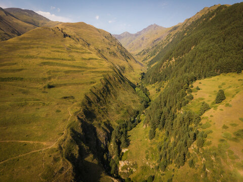 Aerial view of a dramatic gorge cutting through rugged, sun-drenched mountains, where verdant forests meet arid slopes, Dartlo, Kakheti, Georgia.