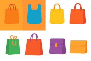 Modern Bag Icons. Classic bags flat icon set. paper shopping bag, plastic bag, cloth tote, reusable bag, small gift bag, large carry bag, folded bag, flat bag.