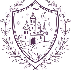 Medieval Castle Shield Emblem with Crescent Moon and Laurel Wreath, Hand Drawn Fantasy Fortress Vector Illustration for Coat of Arms, Logo, or Vintage Fairytale Design
