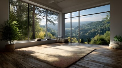 Empty room in a modern house features large windows overlooking a scenic forest. A large beige rug sits on the dark wood floor in the afternoon sun.