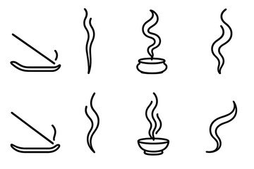 Incense Smoke Icons. Aromatic trail outline set. smoking incense, tall smoke line, spiral smoke, incense burner, drifting wisp, glowing stick, wave of smoke, calm aura.