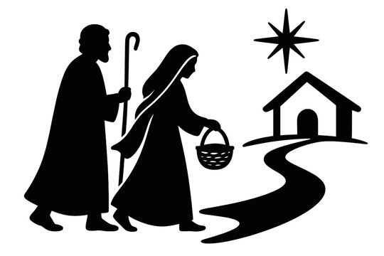 black silhouettes of mary and joseph walking clip art preview