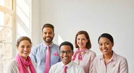 Unified multiracial group of professionals showing solidarity with pink ribbons and attire in a bright modern office setting
