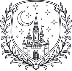 Elegant Medieval Castle Crest with Laurel Wreath, Crescent Moon, and Stars – Fantasy Heraldic Shield Vector Illustration for Coat of Arms, Logo, or Vintage Badge Design