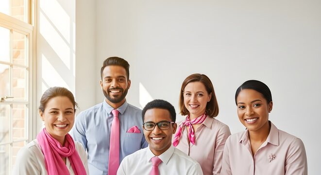 Unified multiracial group of professionals showing solidarity with pink ribbons and attire in a bright modern office setting - Powered by Adobe