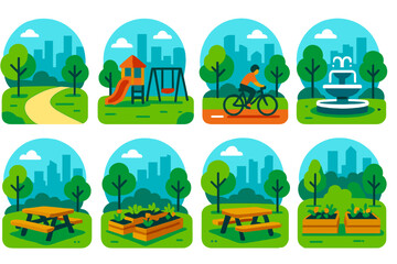 Vibrant Urban Green Zone. Urban green zone flat icon set. city park, walking path, playground, fountain, bike lane, picnic table, community garden, skyline with trees.
