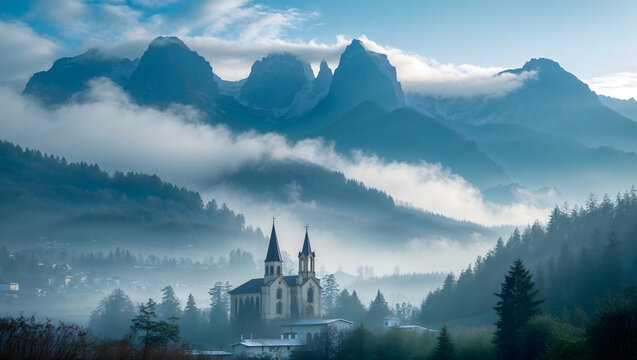 Landscape mountain range with a church in the foreground. Mountains are covered in a thick layer of fog generative AI - Powered by Adobe