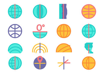 Meridian Icons Collection. Meridian Icons flat icon set. prime meridian globe, Greenwich line globe, vertical world map line, earth meridian symbol, longitude meridian circle, 0°