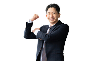 ガッツポーズをする笑顔の男性ビジネスマン（背景透過PNG）