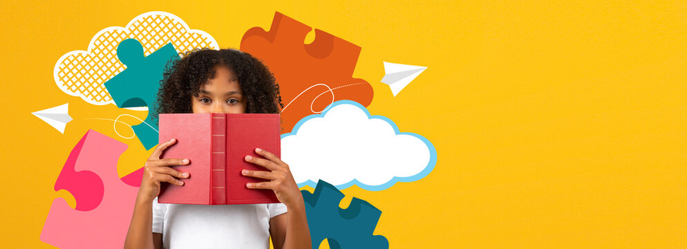 A child stands holding a red book, intrigued and focused. Bright colors and playful shapes surround her, representing learning and creativity. This scene captures the joy of education at school.