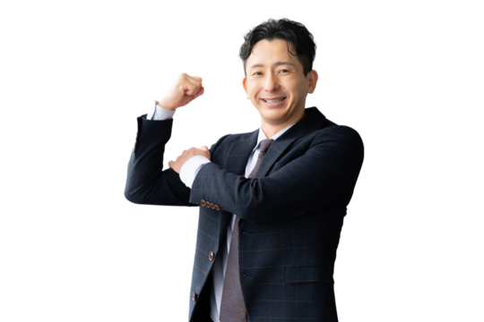 ガッツポーズをする笑顔の男性ビジネスマン（背景透過PNG）