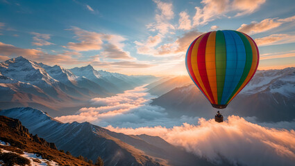 Obraz premium Hot air balloon in full flight soaring majestically over the rugged snow-capped Alpine peaks at sunrise, with the valleys below shrouded in a thick layer of misty fog generative AI