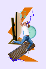 Artwork 3d banner pop photo collage of happy businesswoman businessman stand keypad alarm clock...