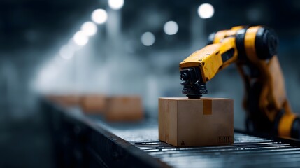 Automated industrial robotic arm precisely sorts cardboard packages on a conveyor belt in a high tech factory production line