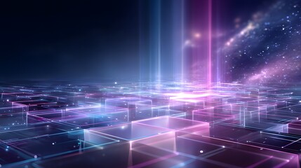 Abstract holographic financial data grid illuminated by neon mint and digital lavender beams with futuristic geometric overlays, perfect for fintech, blockchain, and technology backgrounds.