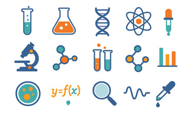 Colorful Science Icons. Scientific Solution flat icon set. test tube, beaker, flask, DNA strand, atom, microscope, chemical reaction, pipette, petri dish, equation, molecule, chart