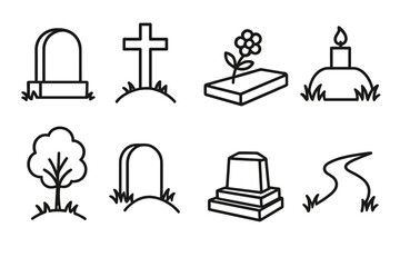 Peaceful Cemetery Icons. Peaceful cemetery outline set. simple headstone, cross grave marker, flower on grave, tree by stone, candle on grave, grassy mound, small memorial, quiet