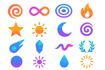 Vibrant Symbolic Icons. Symbolic Waveform flat icon set. spiral, infinity loop, ripple, flame, star, sun, moon, galaxy swirl, comet, crystal, prism, abstract wave, laurel wreath