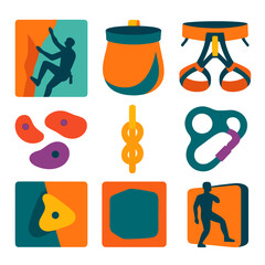 Rock Climbing Icons. Rock Climbing flat icon set. cliff face, chalk bag, harness, belay device, climbing holds, rope knot, crash pad, climber silhouette.