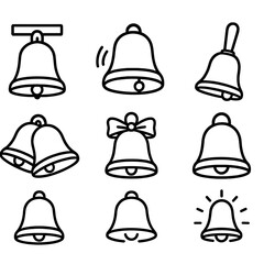 Bell Icon Collection. Procession bell outline set. hanging bell, ringing bell, handbell, large ceremonial bell, bell with ribbon, bell with sound lines, group of bells, glowing