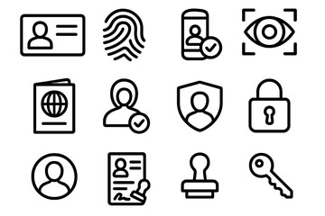 Verification Icons Set. Identity verification outline set. ID card, fingerprint, eye scan, face recognition, passport, smartphone with check, shield check, profile avatar, document