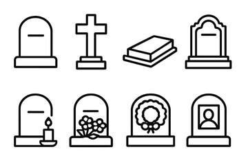 Grave Icon Collection. Grave outline icons. upright gravestone, cross gravestone, flat gravestone, decorated gravestone, candle by gravestone, flowers on gravestone, wreath on