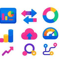 Vibrant Data Dashboard. Visualization flat icon set. dashboard screen, flow arrows, circular chart, gauge meter, 3D bars, cloud data, infographic icon, timeline path.