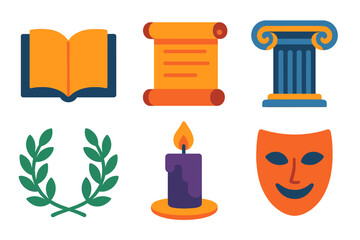 Philosophical Symbols. Philosophical abstract thinking flat icon set. open book, scroll, column, laurel wreath, candle, mask.