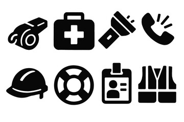 Personal Safety Icons. Personal Safety silhouette set. whistle, first aid kit, flashlight, emergency phone, protective helmet, lifebuoy, ID badge, safety vest.