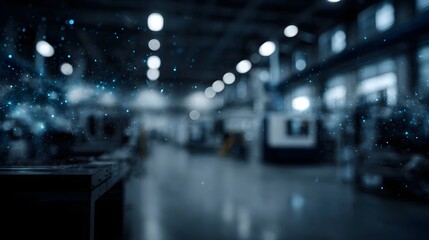 Futuristic industrial facility with glowing digital data streams and abstract blue particles