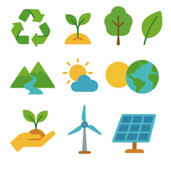 Eco Icons Collection. Eco support circle flat icon set. recycling arrows, sprout, leaf, tree, mountain, river, sun, cloud, globe, hand with plant, wind turbine, solar panel.