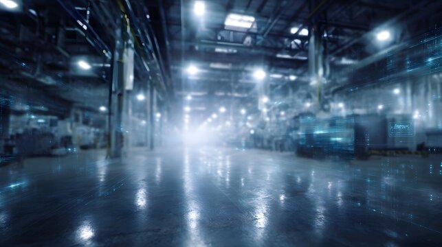 Futuristic smart factory interior with glowing digital overlays and bright atmospheric lighting