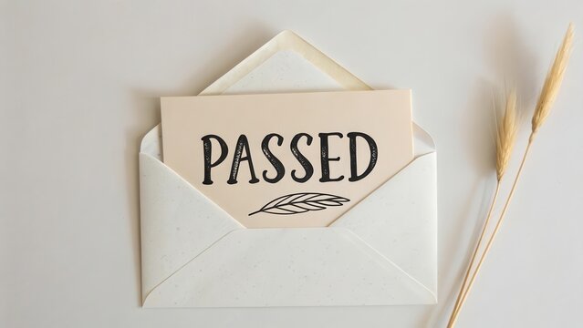 Envelope containing card with the word Passed on a flat lay