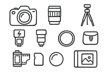 Camera Doodle Icons. Camera doodle icon set: hand drawn icons of DSLR, lens, tripod, flash, filter, photo roll, memory card,