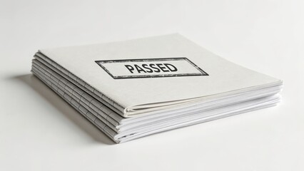 Stacked paper books with the word PASSED printed on the covers