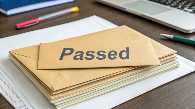 Stacked envelopes with Passed label showcasing results