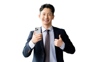 スマートフォンを持っていいね！のポーズをする男性（背景透過PNG）