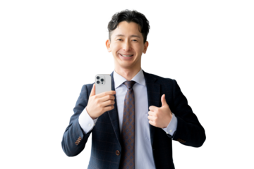 スマートフォンを持っていいね！のポーズをする男性（背景透過PNG）